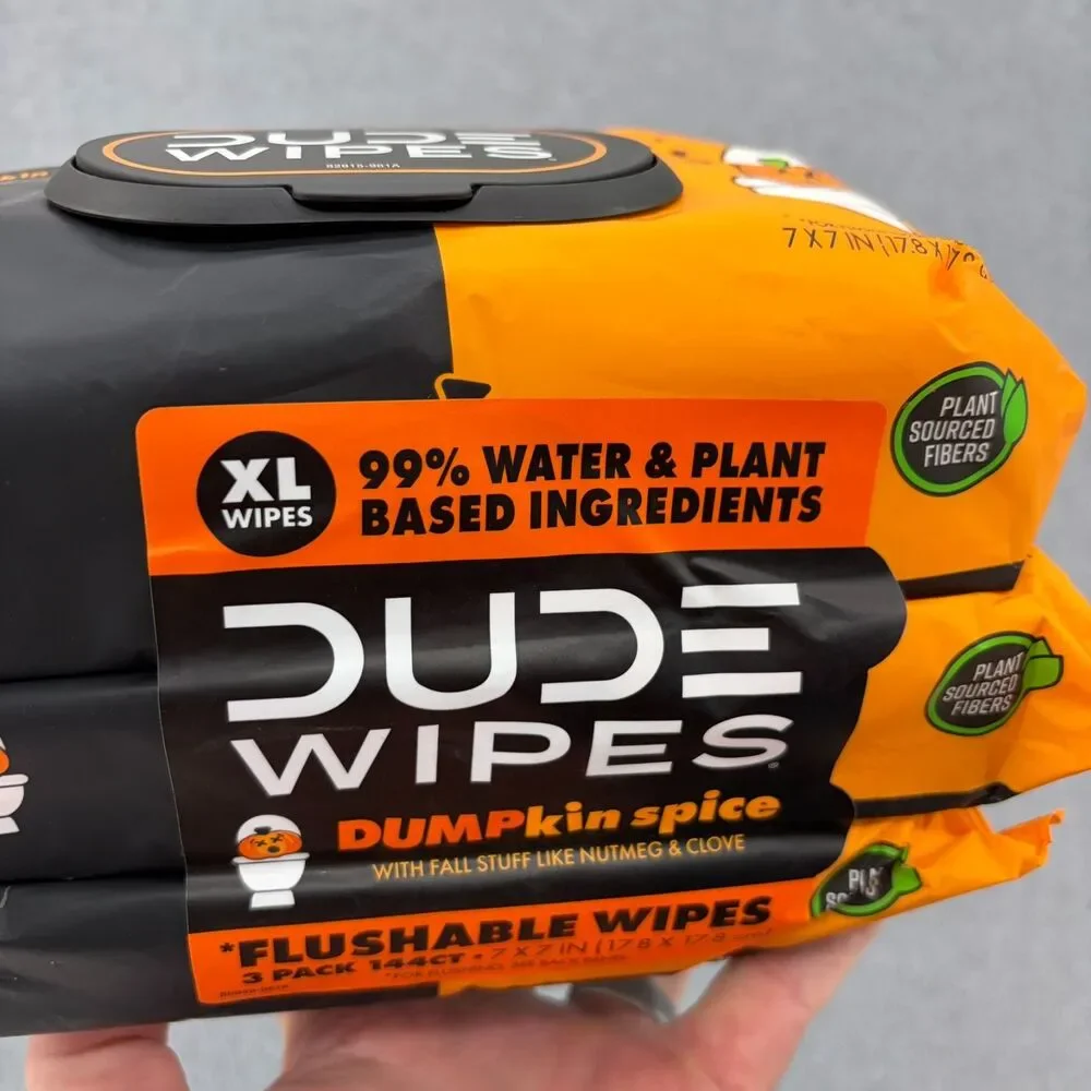 DUDE Wipes Flushable Wipes -3 Pack, 144 Wipes DUMPkin Spice Extra Large Wet NWT